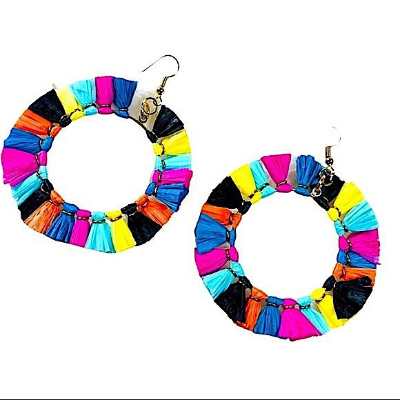 Hoop earrings with bright rainbow tassels around whole hoop - Picture 1 of 3